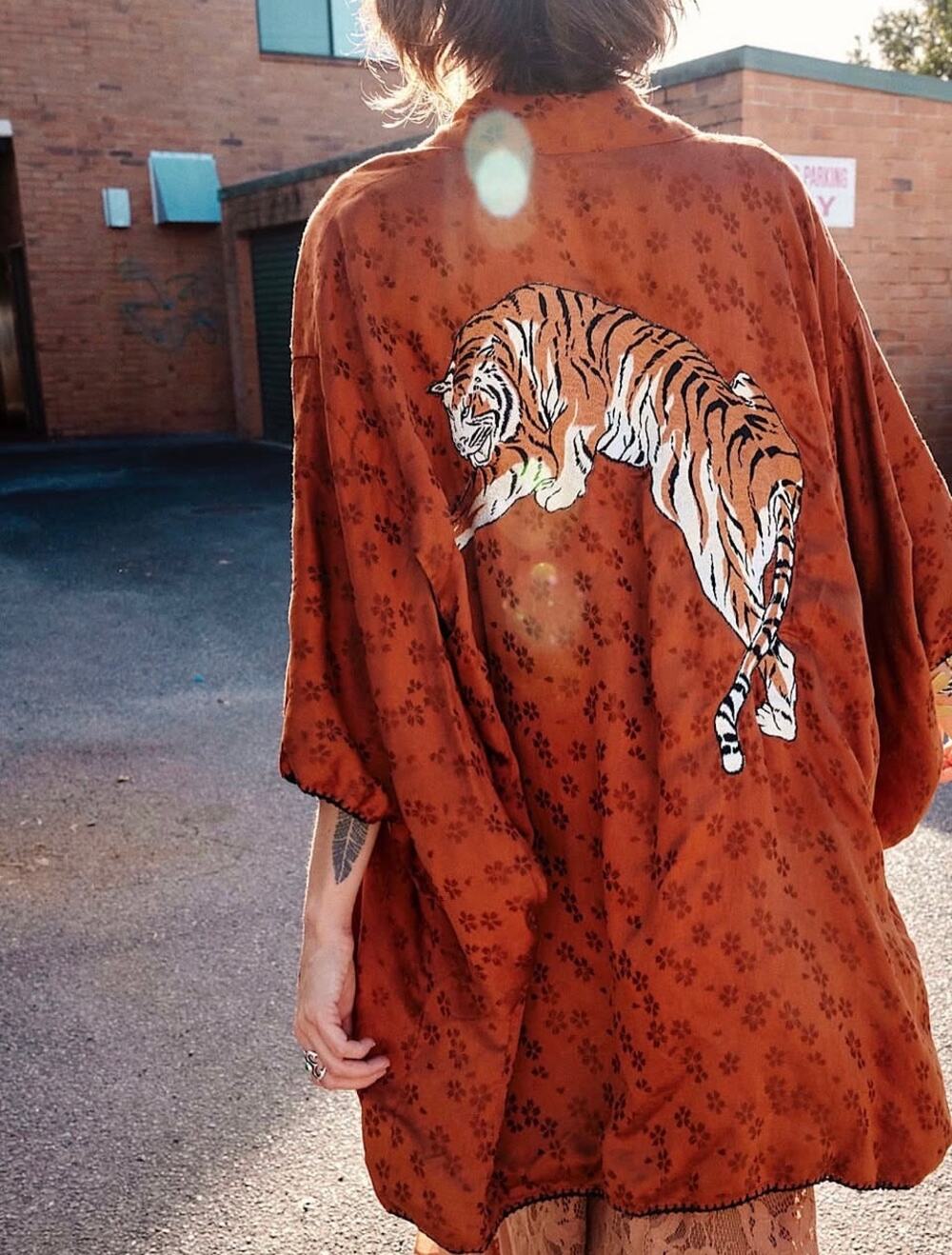 Chasing Unicorns Silk Blend Tiger Kimono Jacket OS Rust Orange Boho